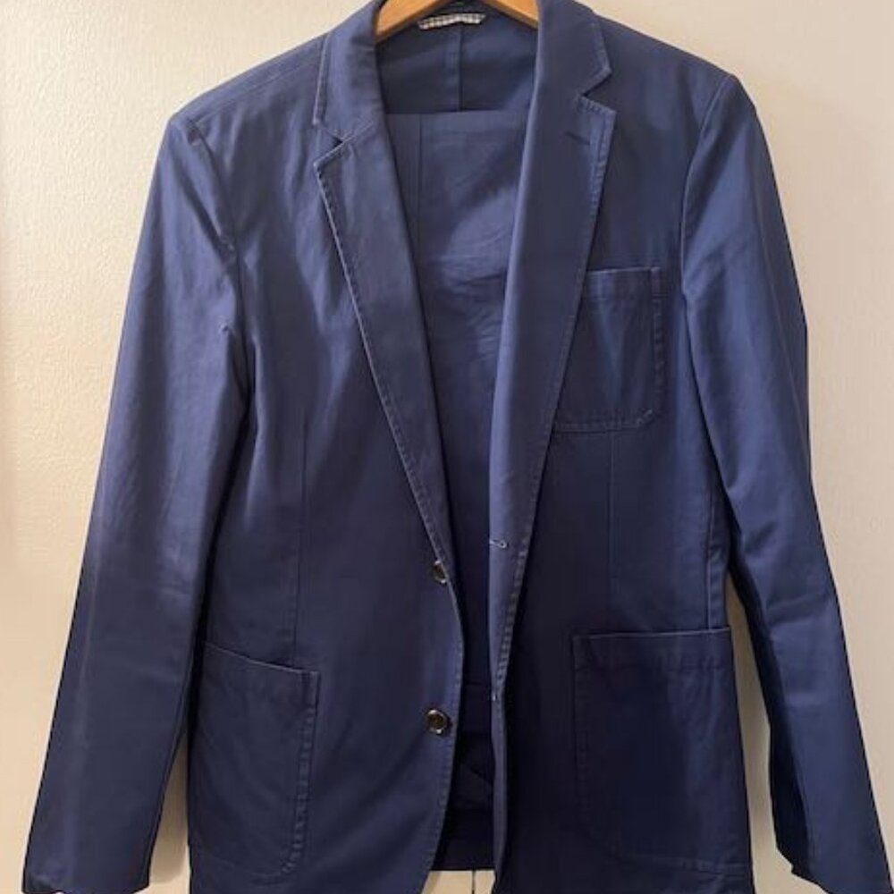 BONOBOS blue cotton suit, 36R/38R, 30x32